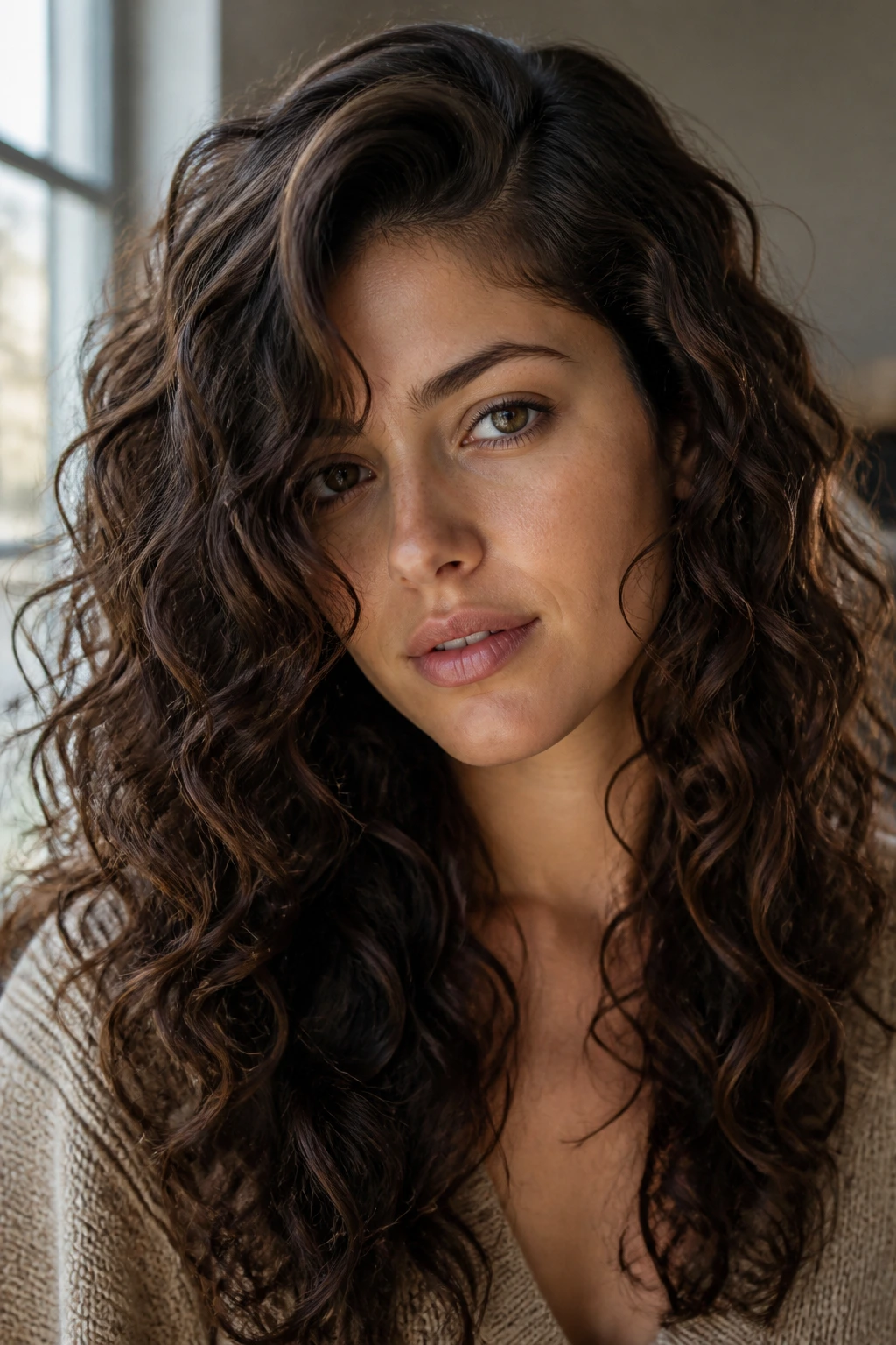 Real woman with deep side-part and layered curls