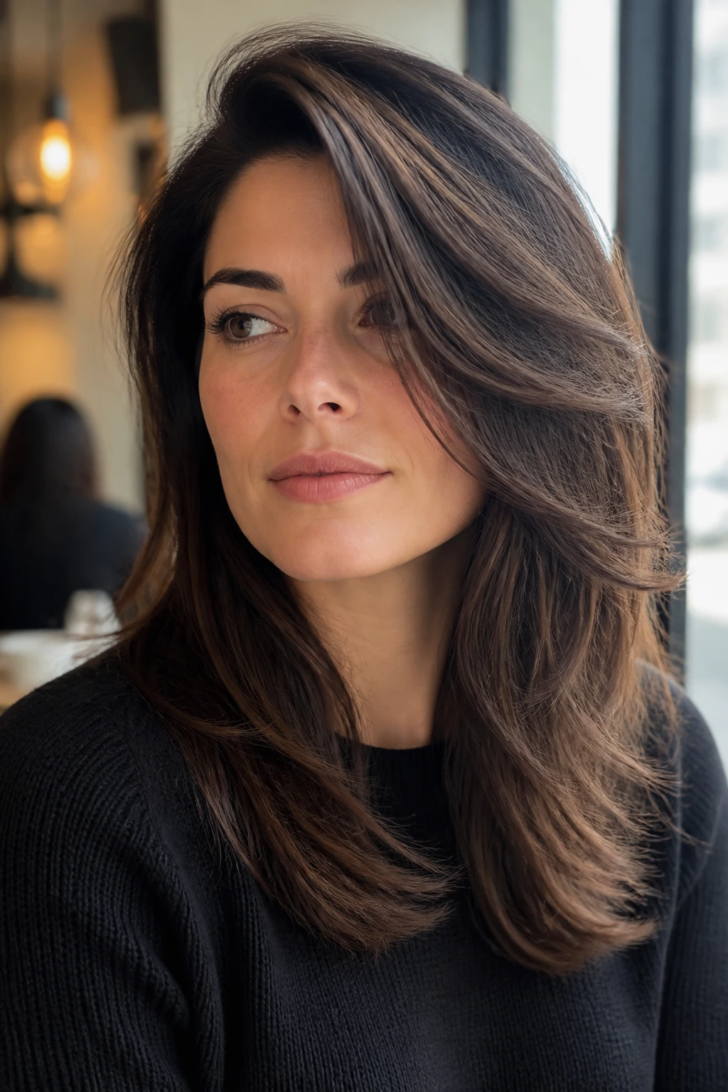 Close-up portrait of a woman with a deep side-parted layered cut on thick hair and a square face