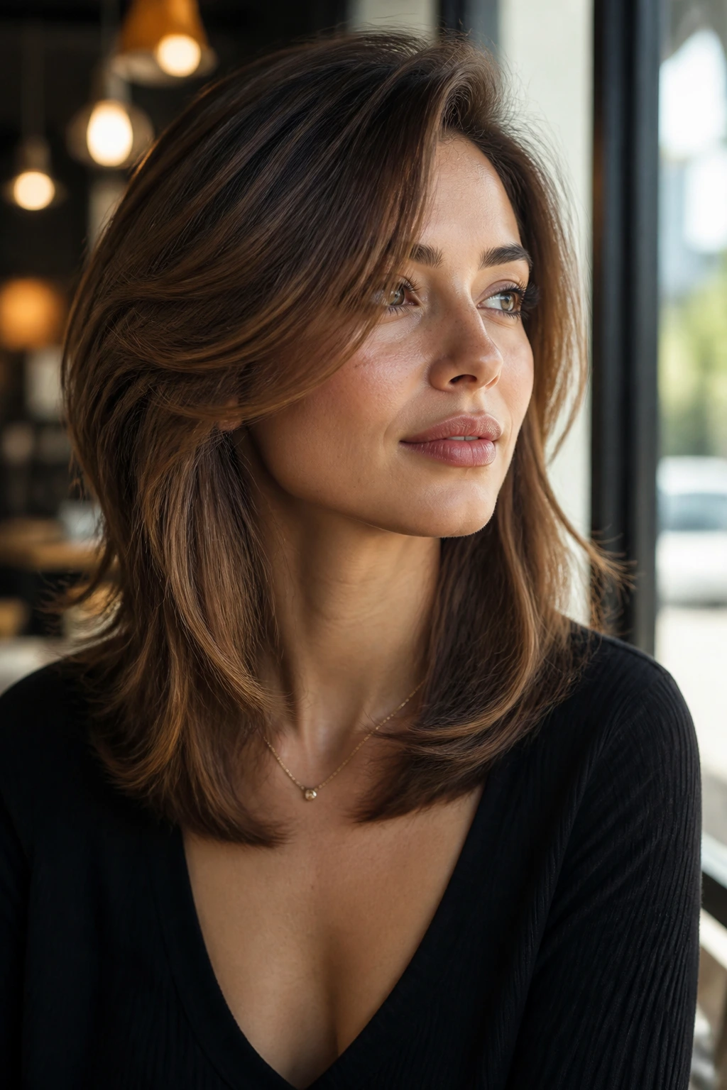 Close-up portrait of a real woman with a deep side part and diagonal front layers