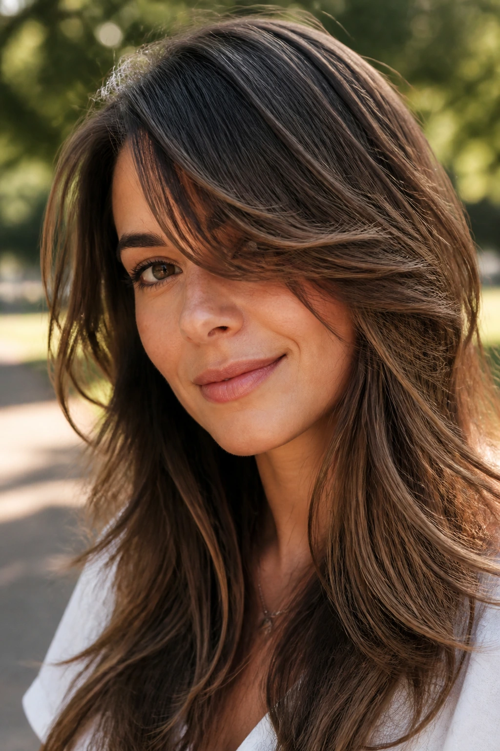 Close-up of a real person with a deep side part and sweeping fringe