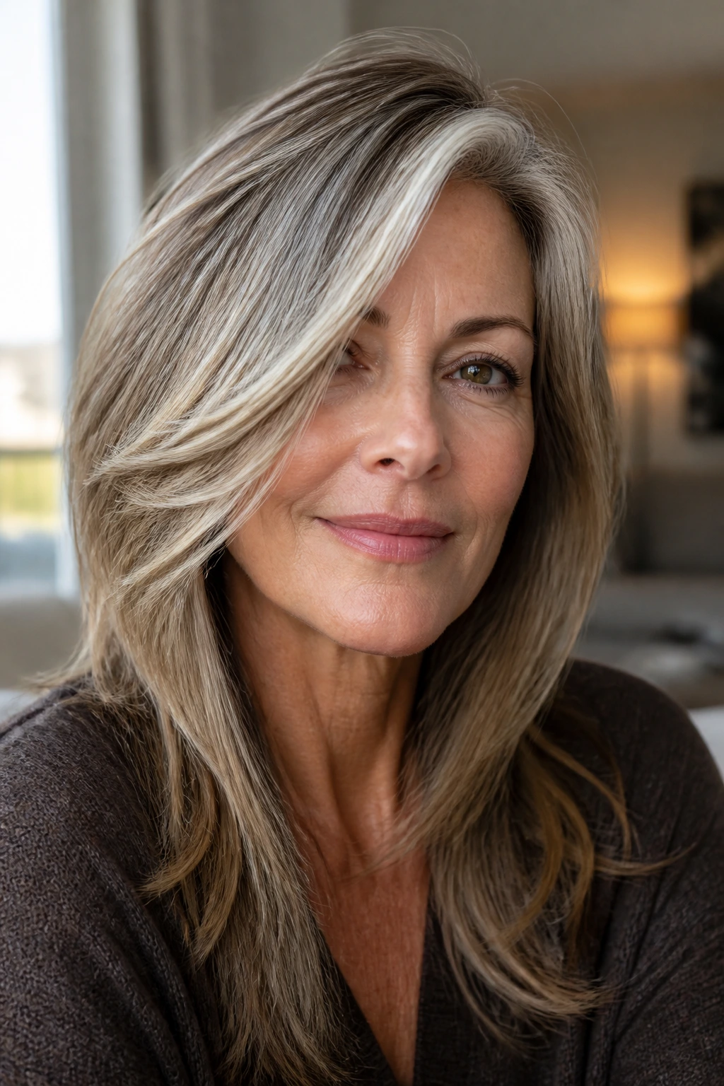 Close-up portrait of a real woman with a deep side part and diagonal front sweep