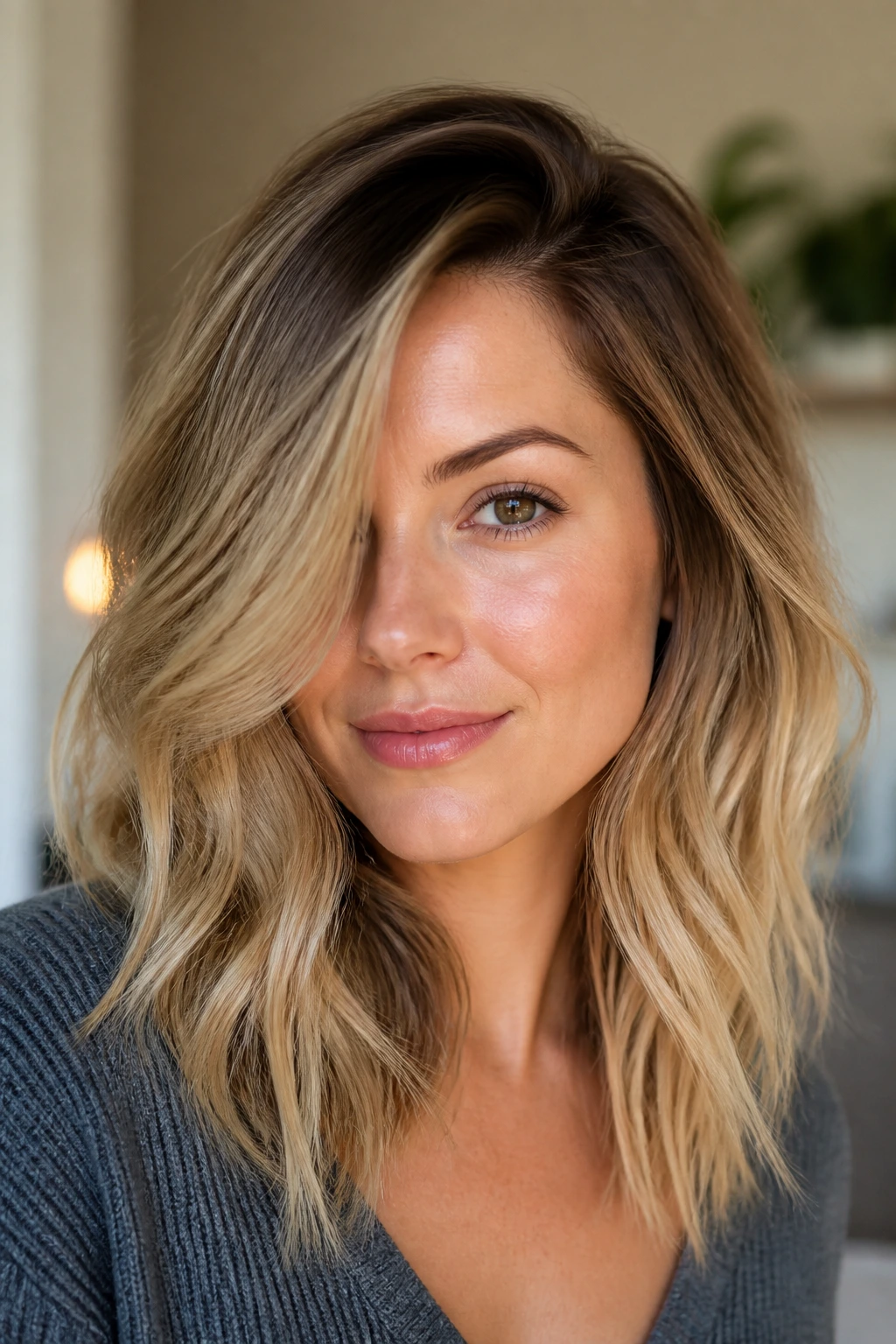 Portrait of a woman with a deep side part and face-hugging layers