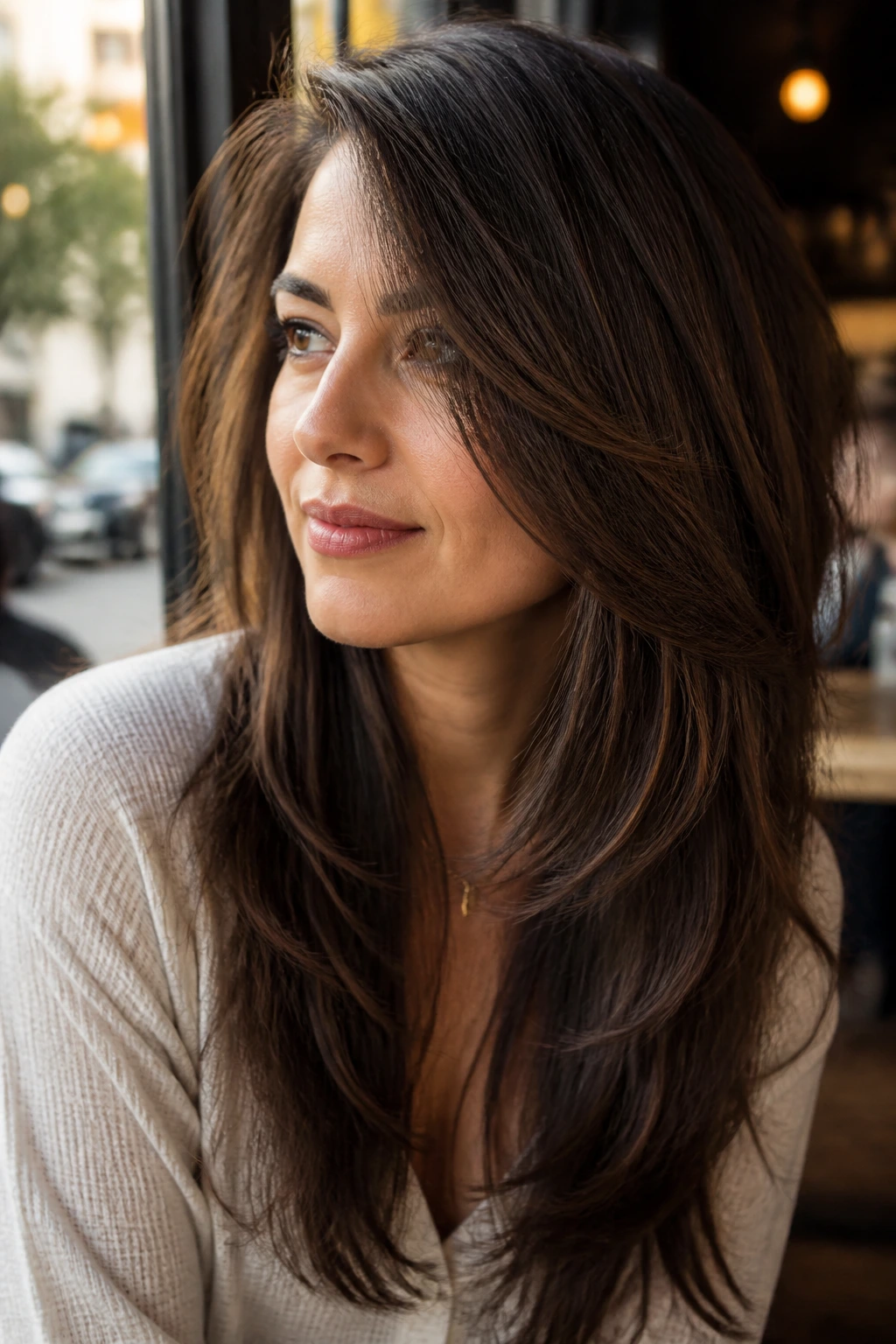Close-up of a real woman with deep side part and sweeping long layers in warm daylight