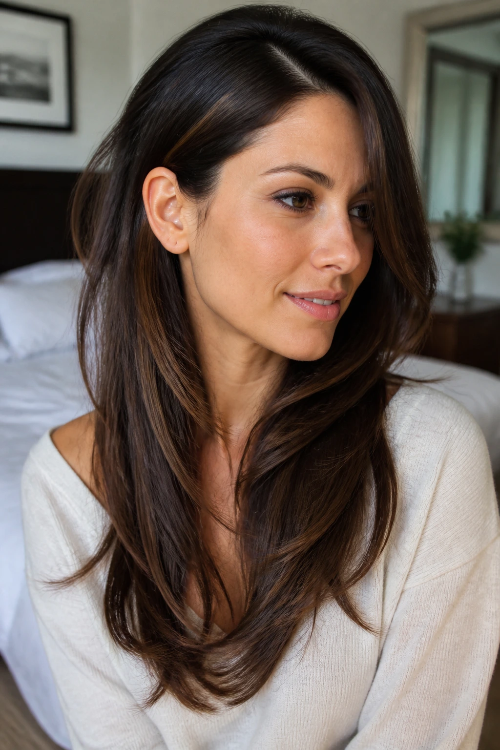 Close-up of a real woman with deep side part and tucked bangs
