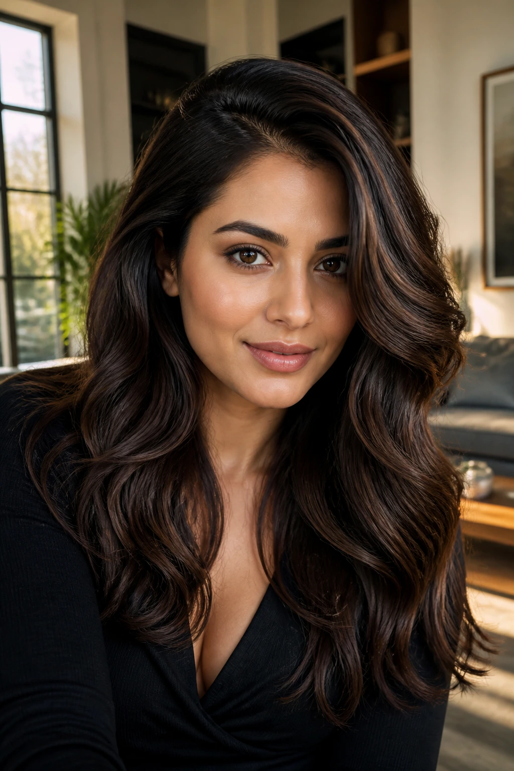 Close-up of a real woman with deep side-part glam layers in glossy brunette waves