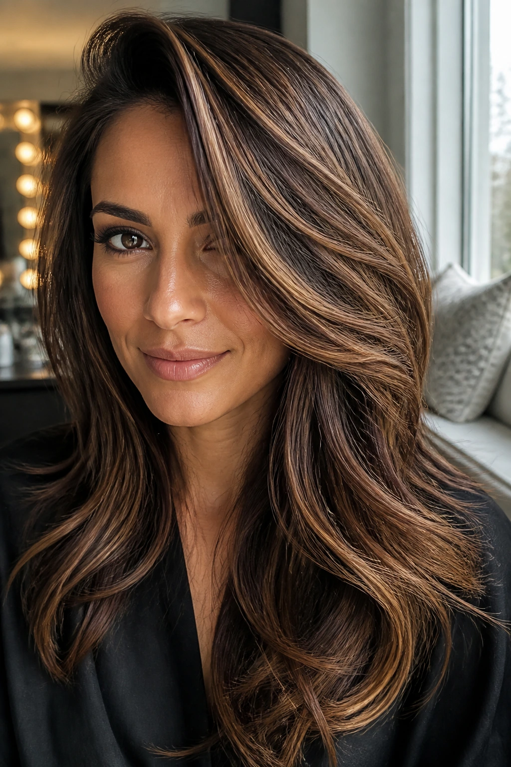 Close-up of a real woman with a deep side part and caramel streaks swept across the front