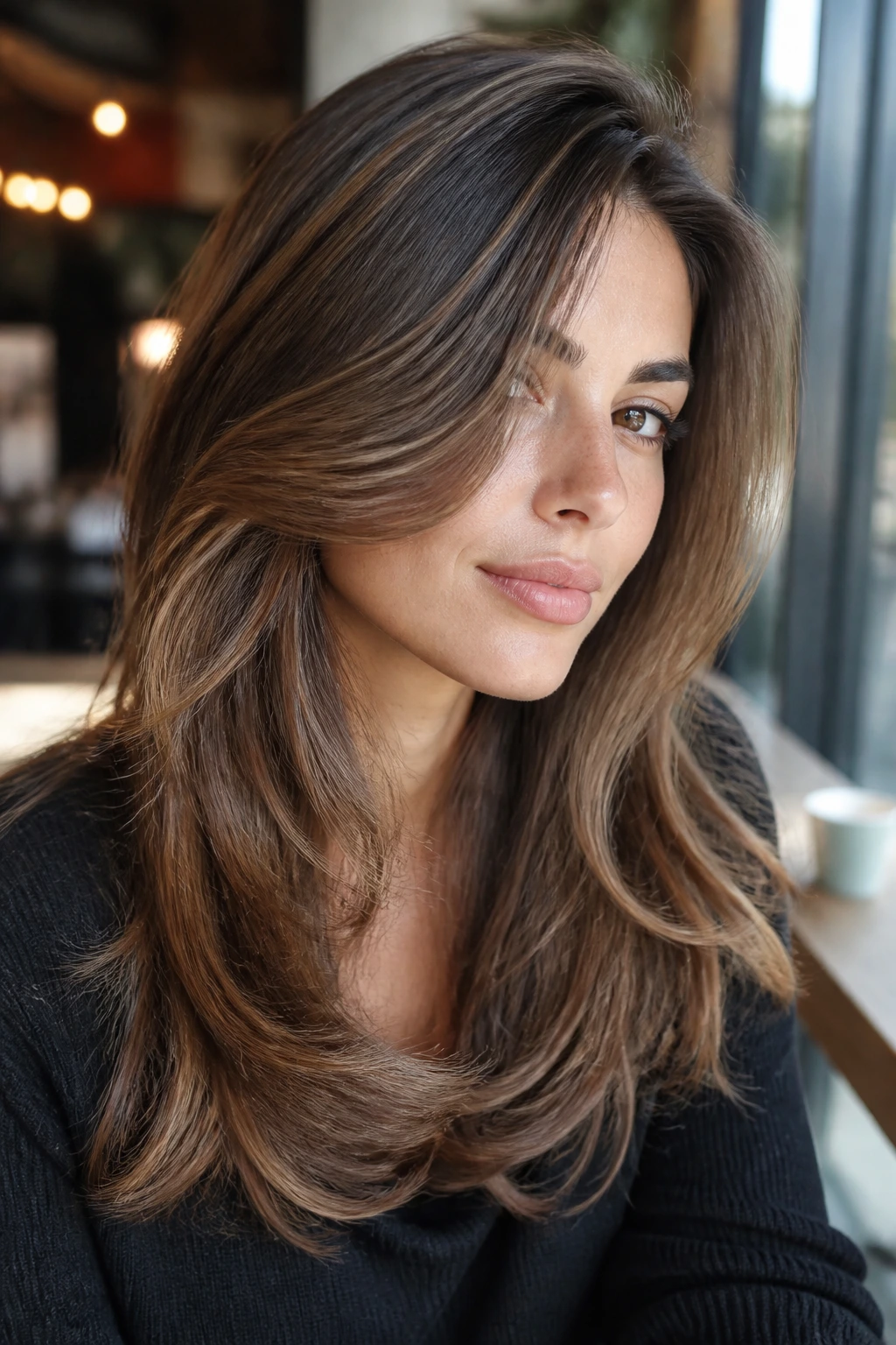Close-up of a woman with deep side-part face-framing layers