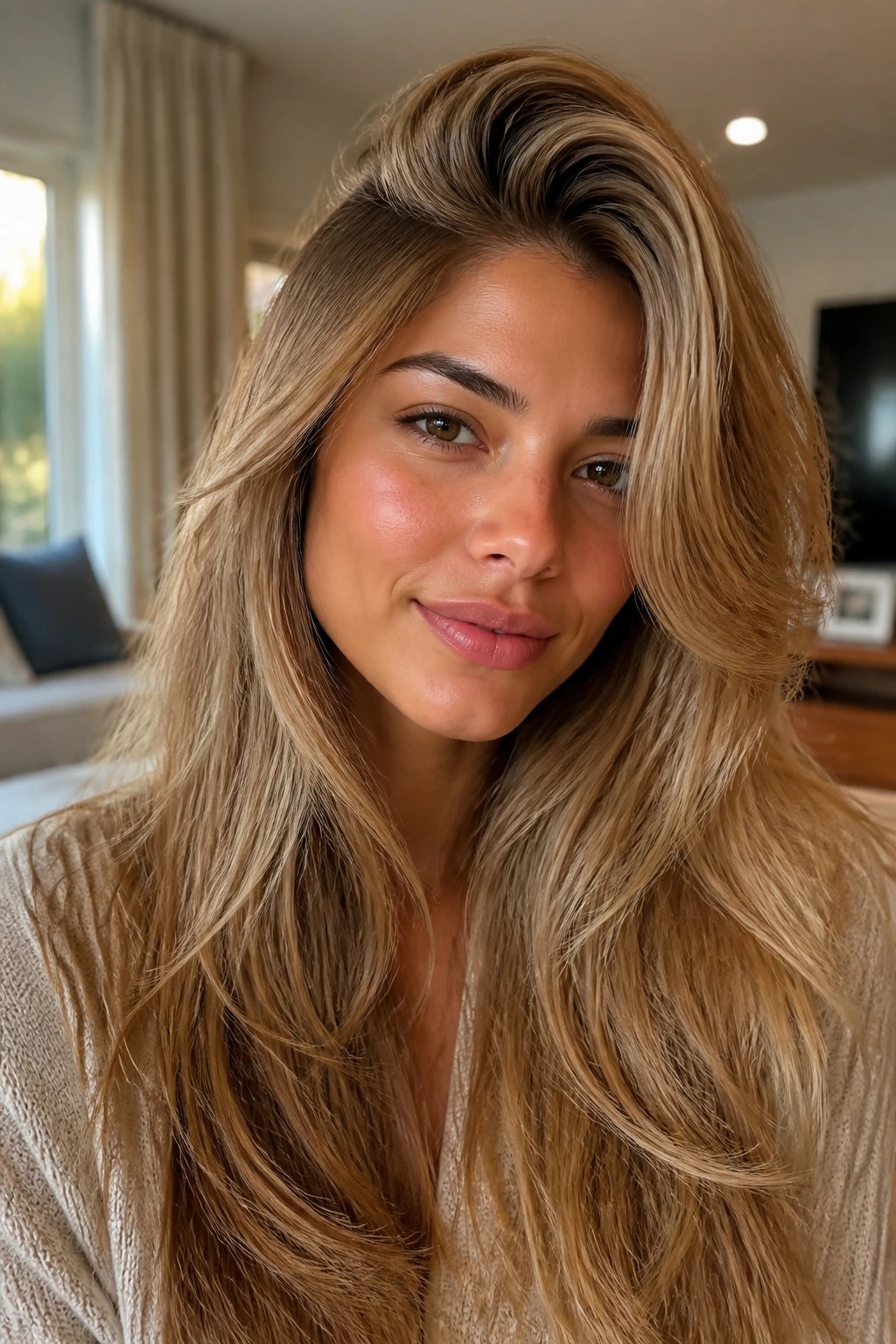 Close-up of a real woman with a deep side part and lifted feathered front layers.