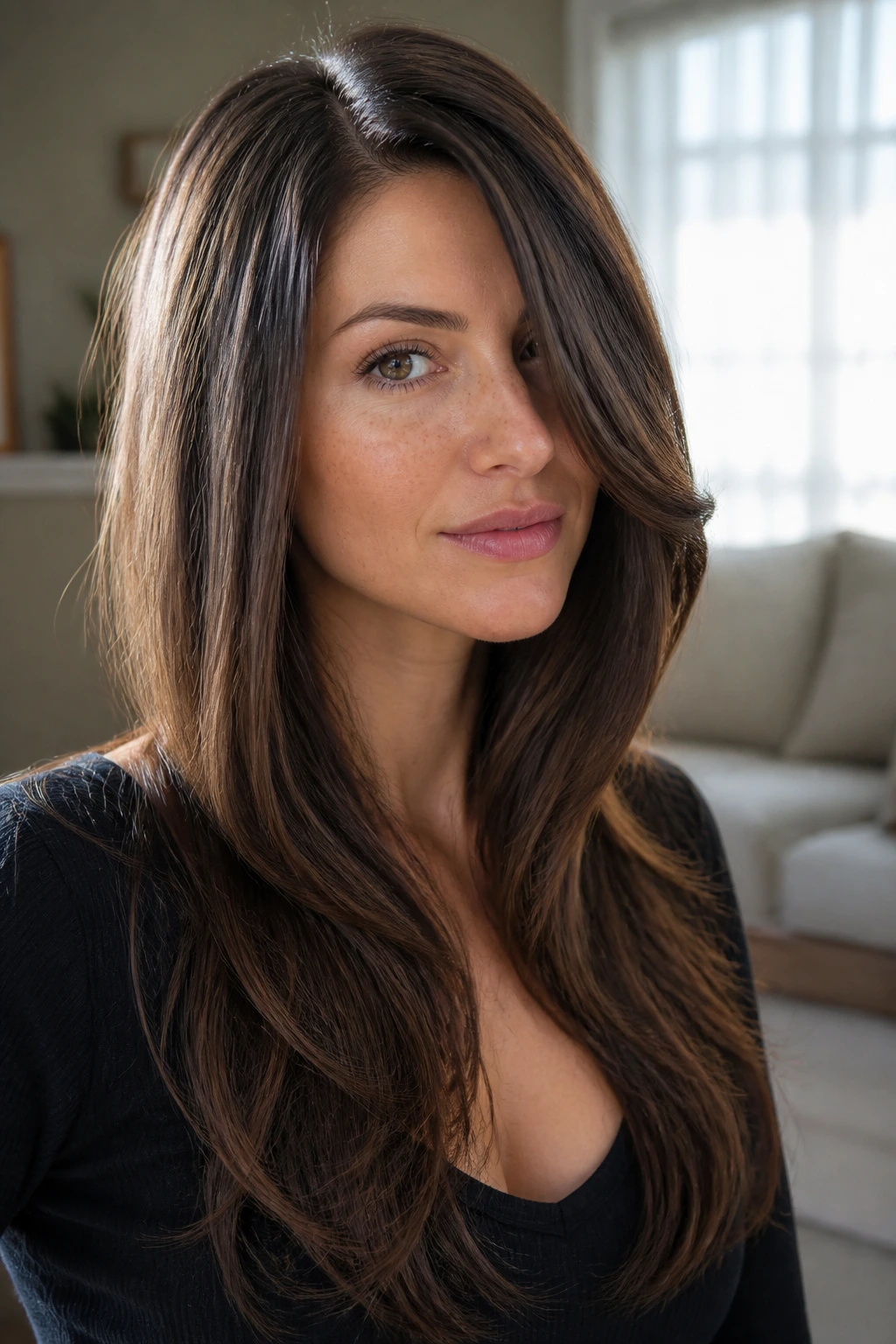 Medium close-up of a woman with a deep side part and long layers in a sunlit room