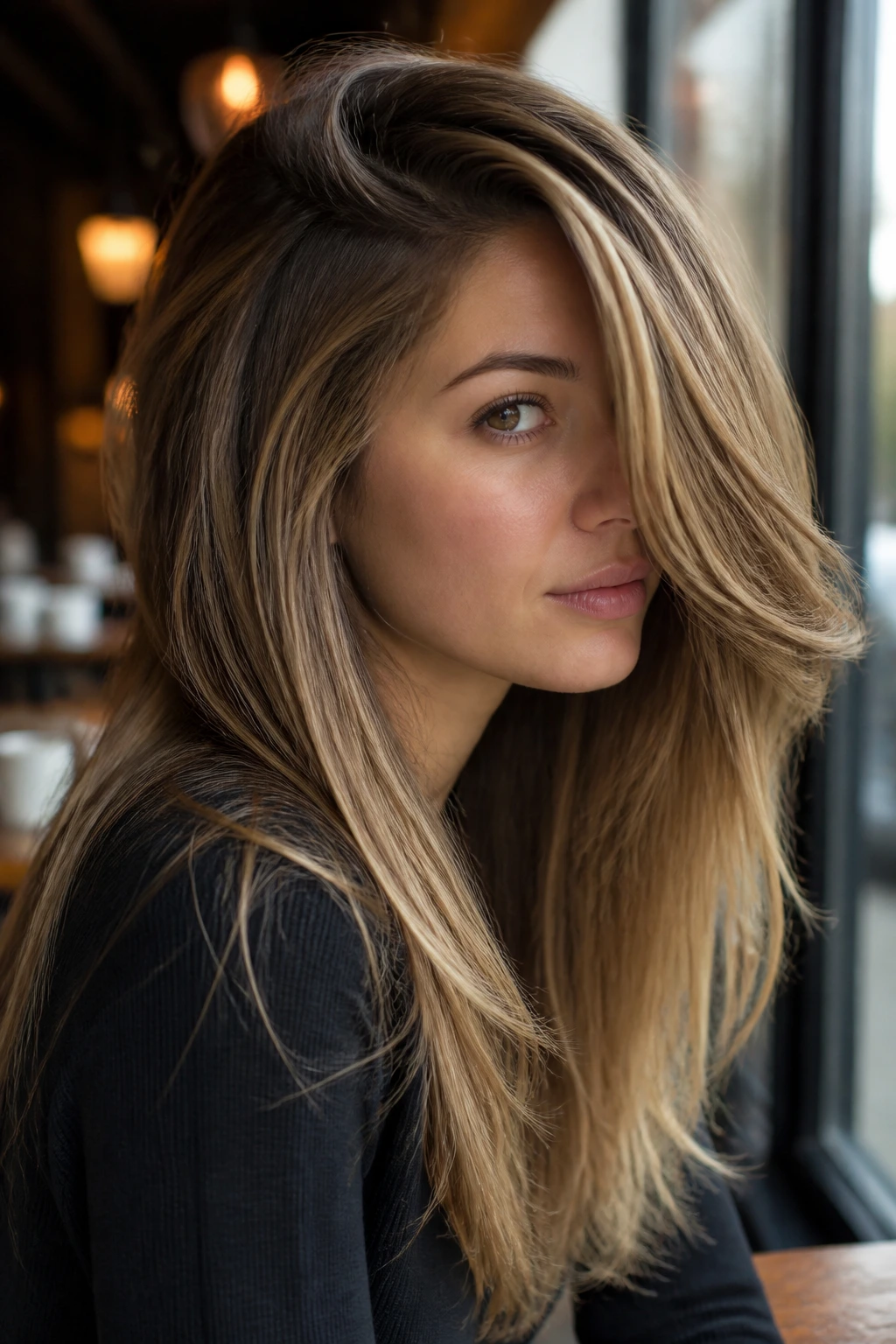 Close-up of real woman with deep side-part and layered hair