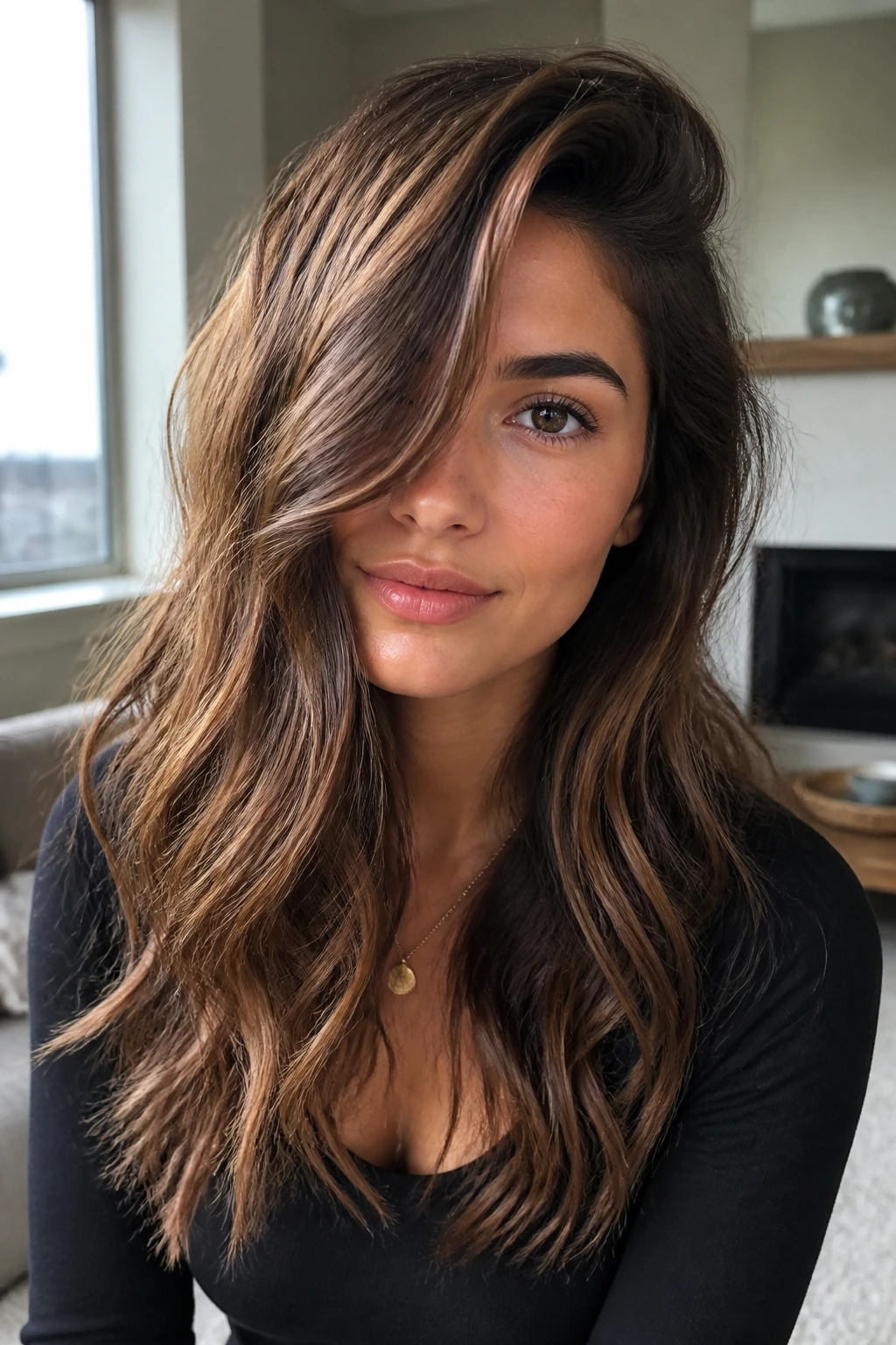 Real person with deep side-part and soft layered waves in a well-lit living room