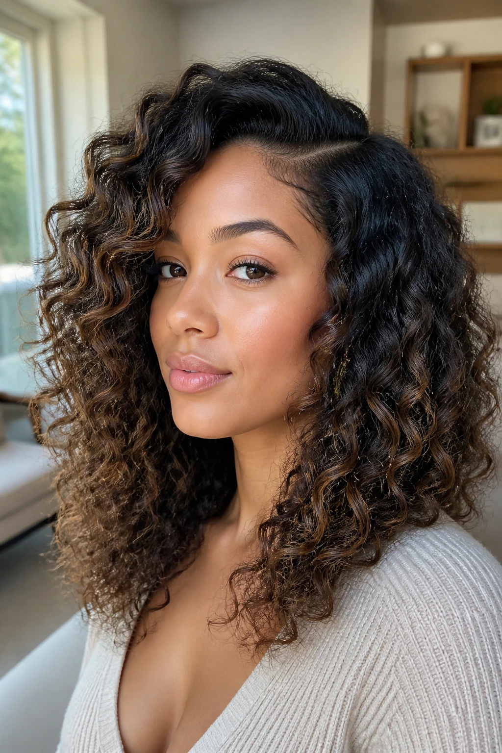 Biracial woman with deep side part and face-framing layers