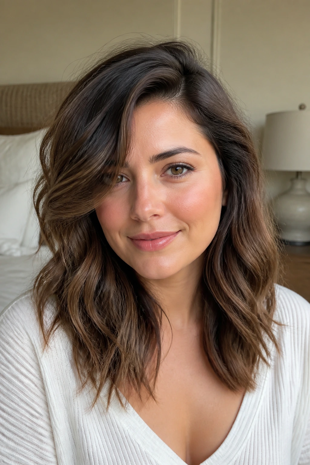 Close-up of a real woman with a deep side-parted layered wavy hairstyle