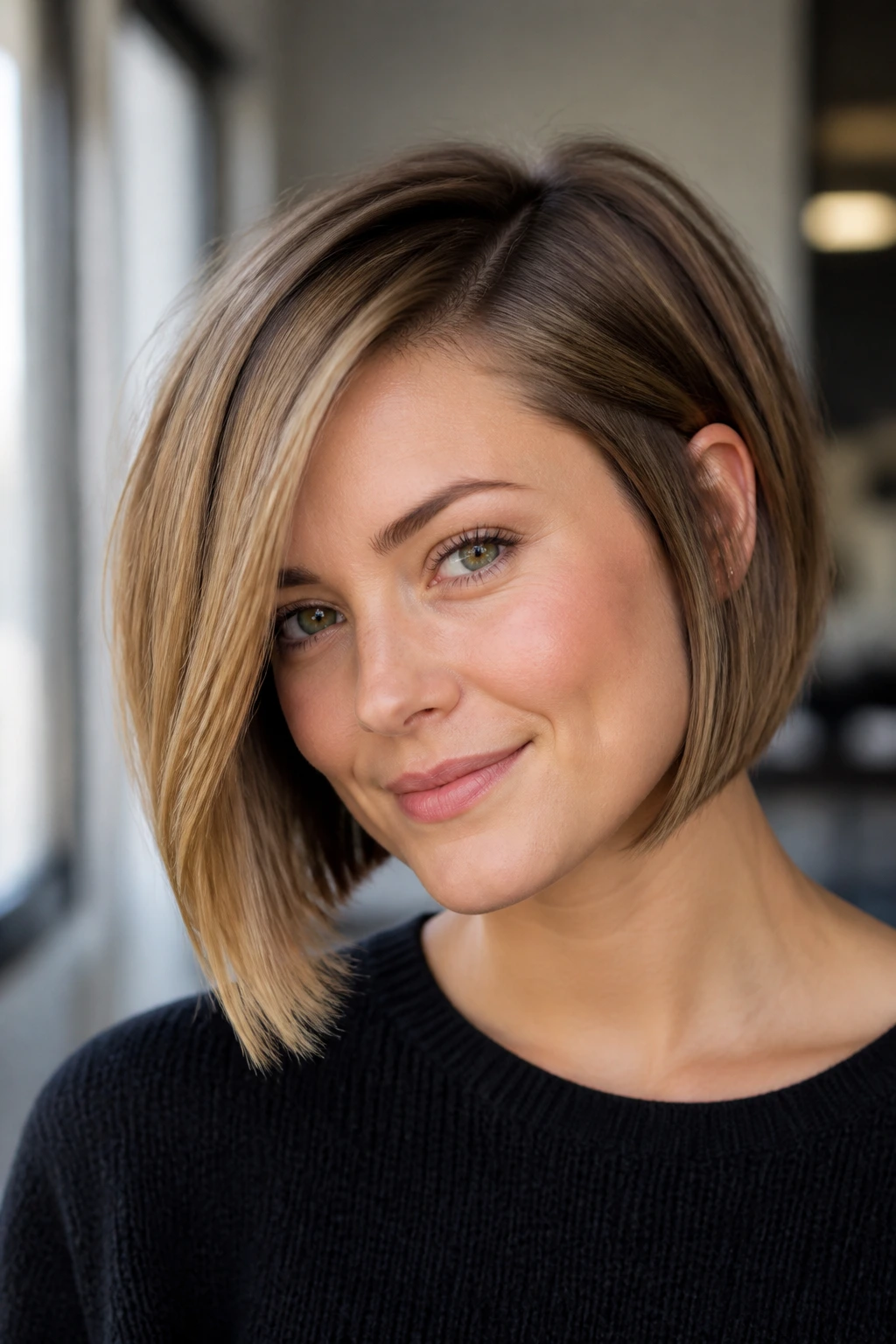 Portrait of woman with deep side-part chin-length bob showing diagonal weight.