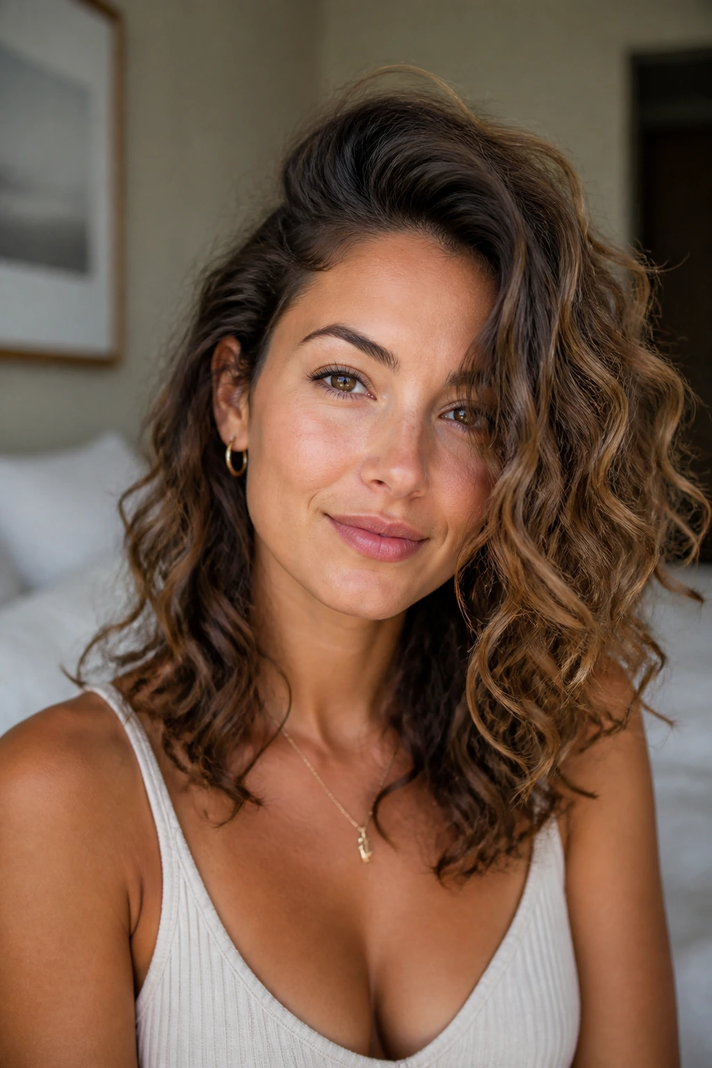 Deep side-part lift on mid-length curls on a real woman