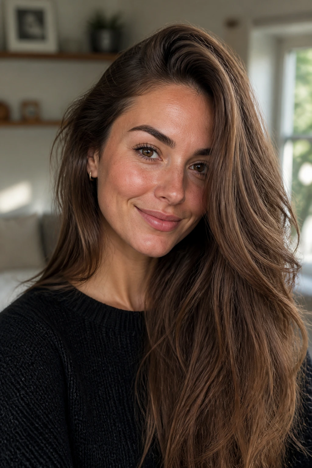 Close-up portrait of a real woman with a deep side part lifting the crown.