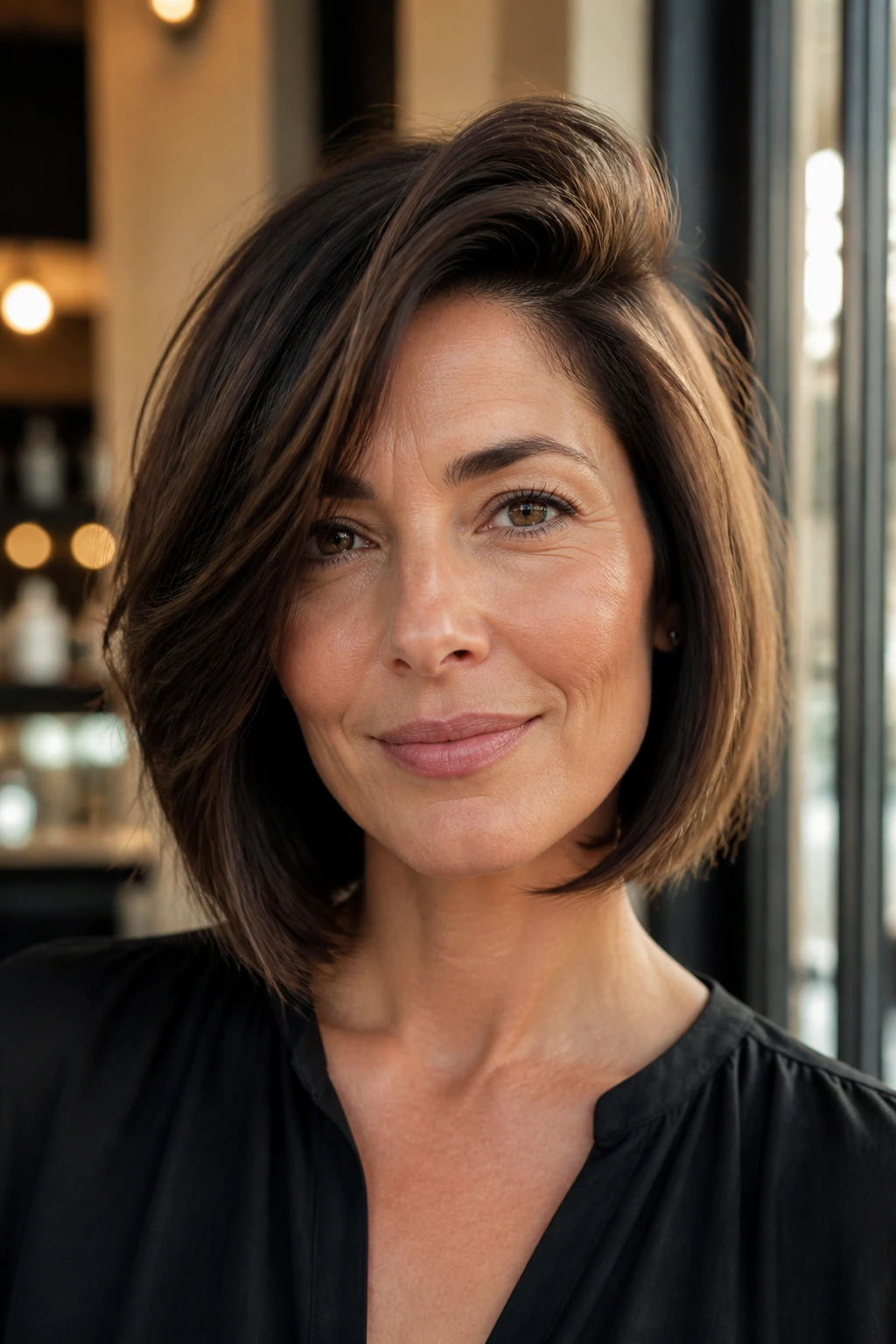Close-up portrait of a real woman with deep side part and lifted bangs.