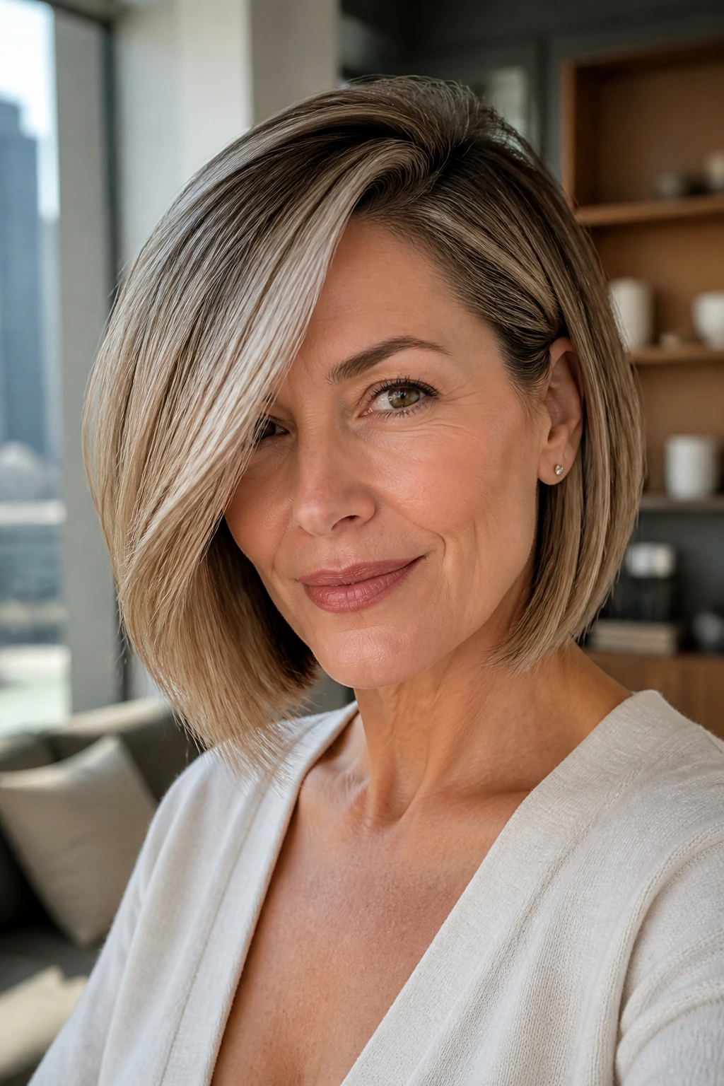 Close-up of a woman with a deep side-part lob under soft window light.