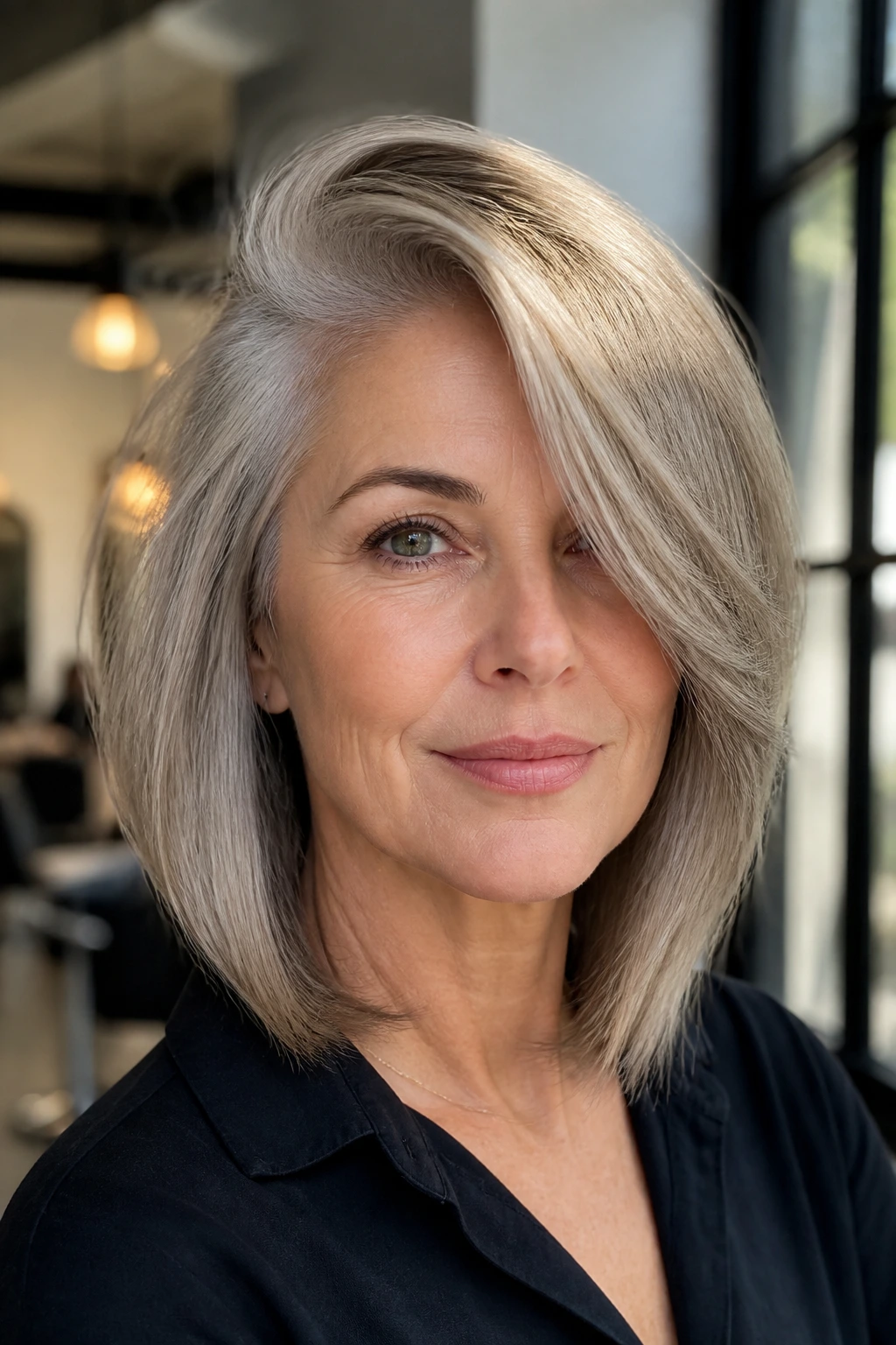 Medium close-up of a woman with a deep side-part lob swept across the forehead