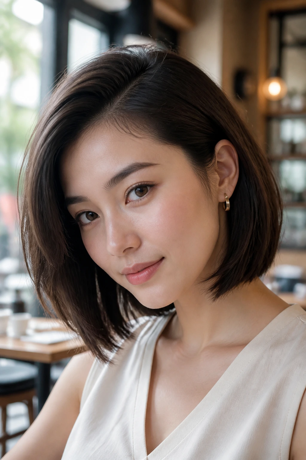 Close-up of a real woman with a deep side-part short lob.
