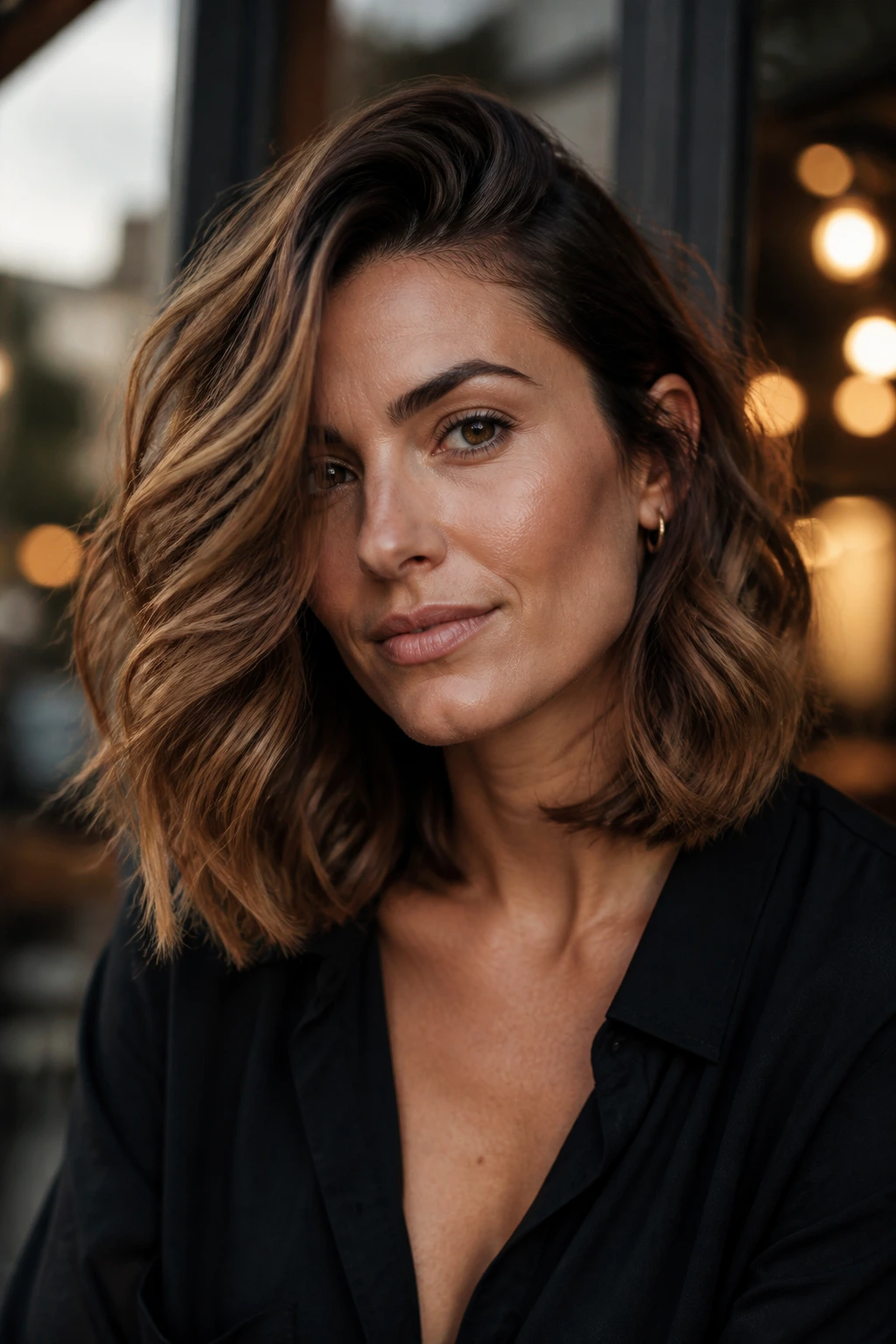 Portrait of a real woman with a deep side-part long bob and diagonally swept waves