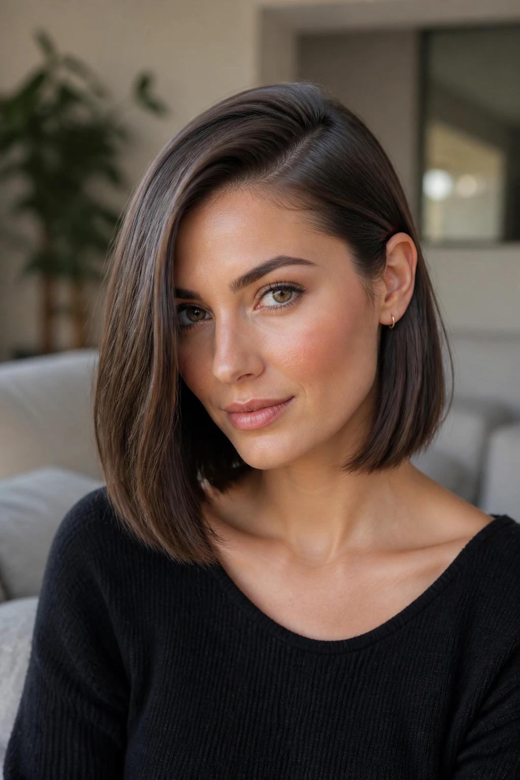 Close-up portrait of a real person with a deep side part and tucked-behind-ear lob