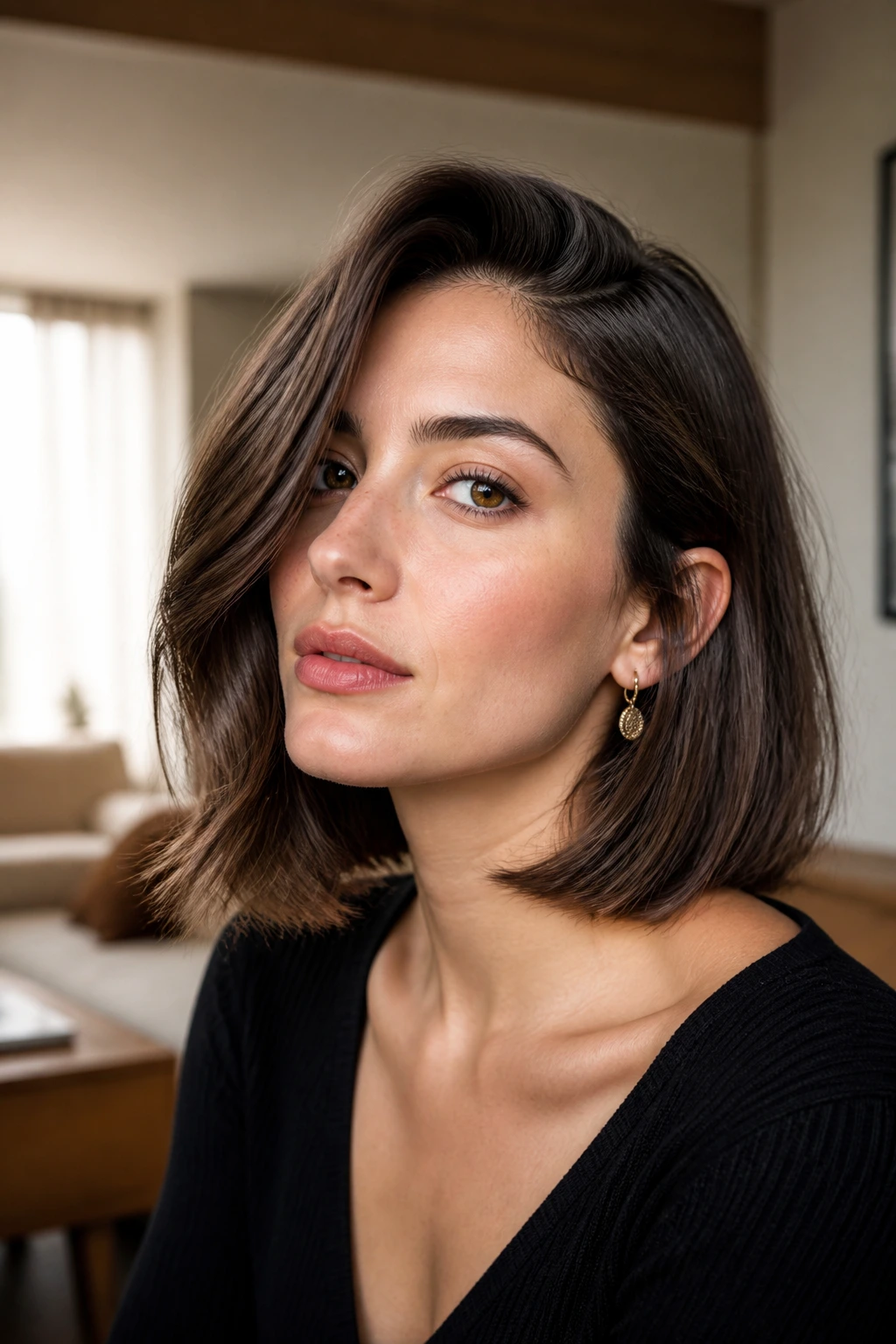 Portrait of person with deep side-part long bob showing jaw movement