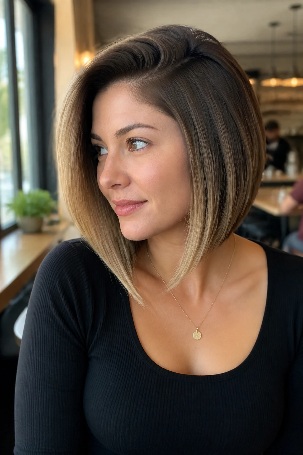 Close-up portrait of a real woman with a deep side part lob and angle in daylight cafe