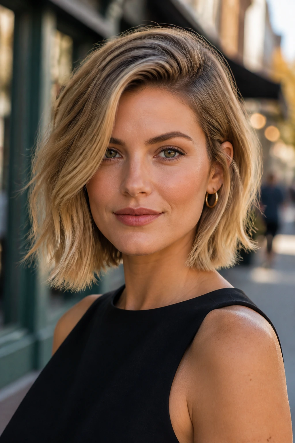 Real woman with deep side-part lob and asymmetrical volume softening square angles.