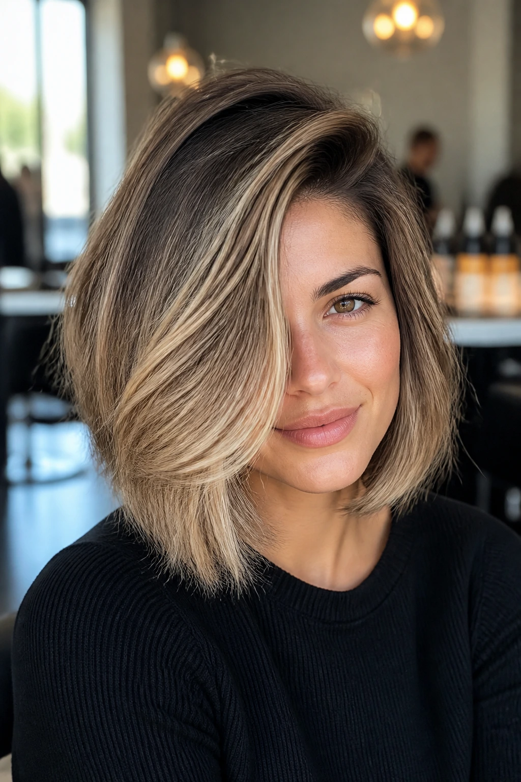 Close-up of a real person with a deep side-part and voluminous lob featuring beige-blonde babylights