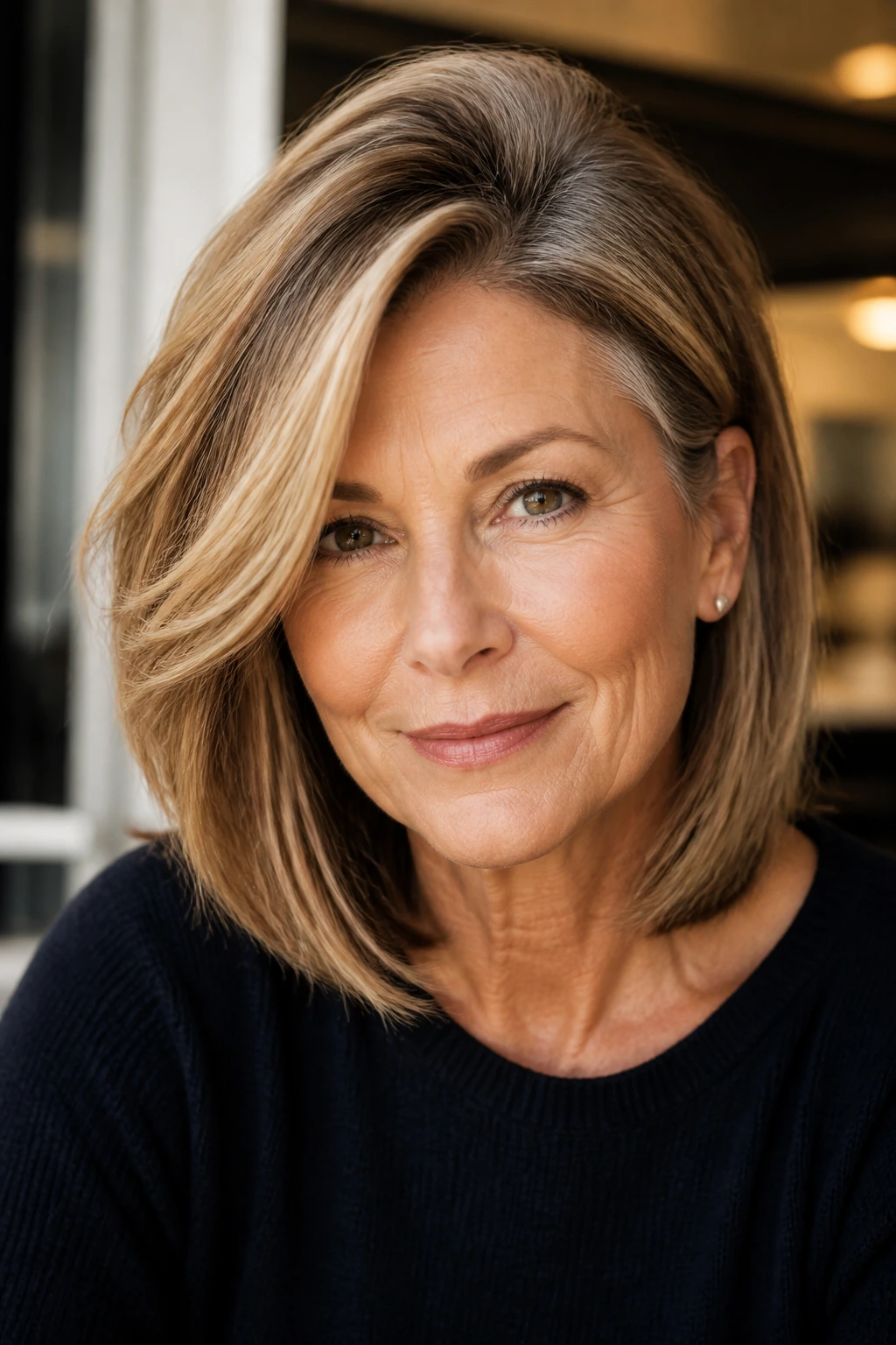 Close-up head-and-shoulders of a real woman with a deep side-part lob and crown lift