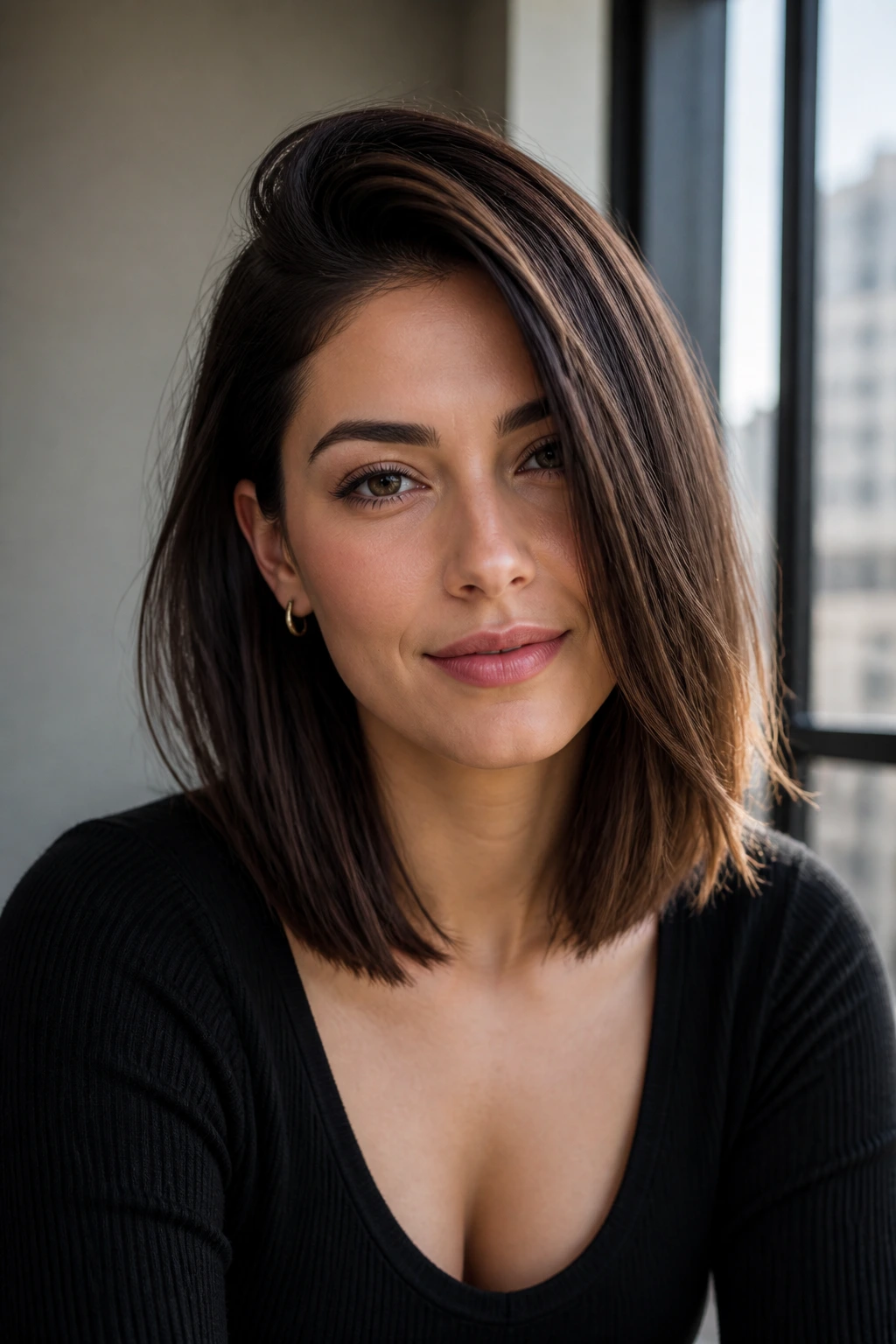 Close-up of a real woman with a deep side-part lob and crown lift.