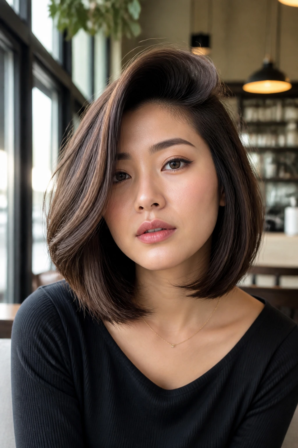 Close-up of a real person with a deep side-part volume lob showing crown lift