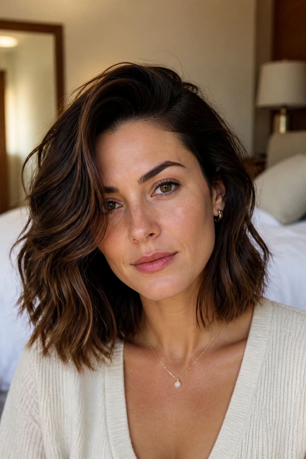 Close-up of a real woman with a deep side-part lob and crown lift.