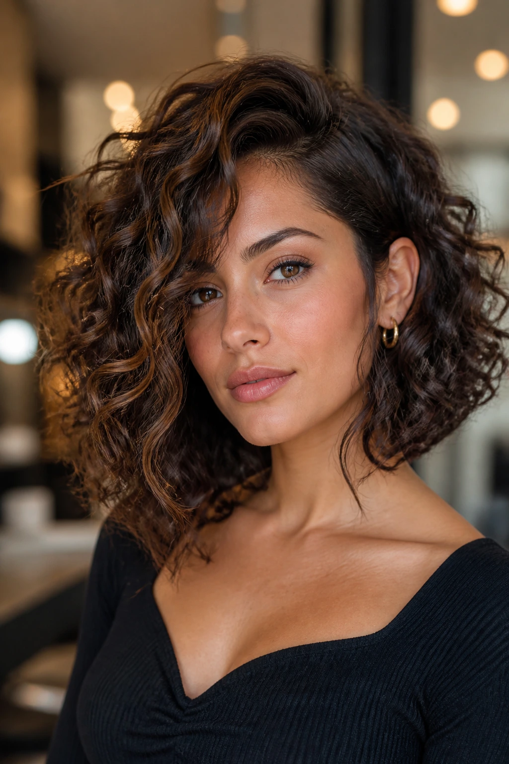 Portrait of real woman with deep side-part lob and long face-framing pieces