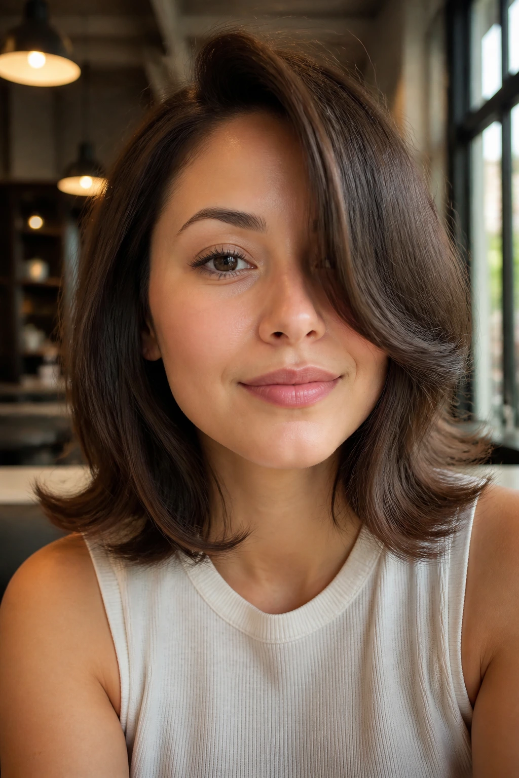 Close-up portrait with a deep side part and flipped ends