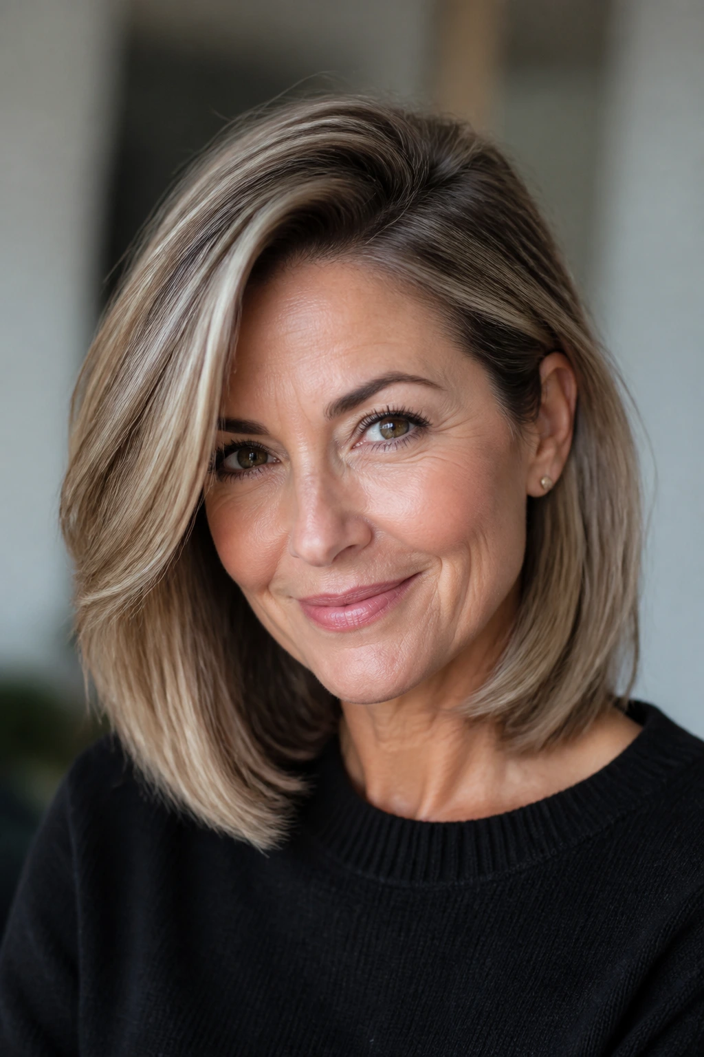 Deep side-parted lob with crown lift on a real person