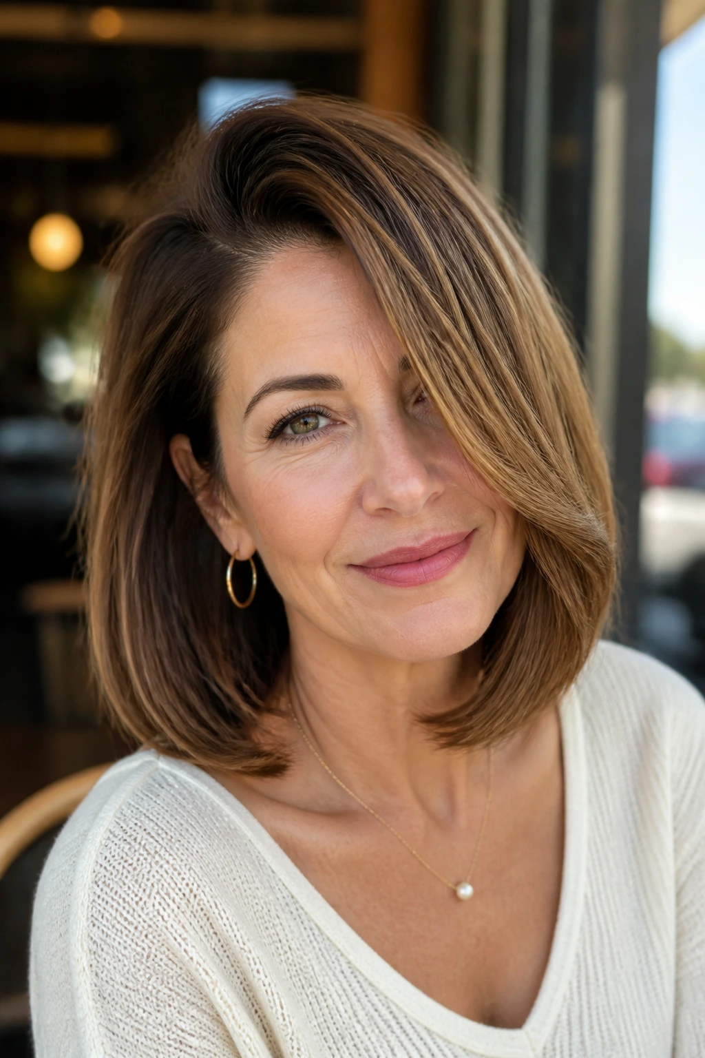 Close-up of a woman with a deep side-part lob and lifted root at crown