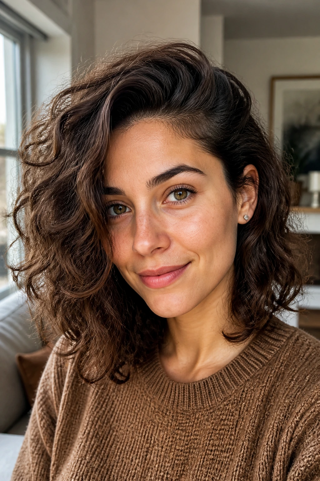 Close-up of a person with a deep side-part lob and root lift.