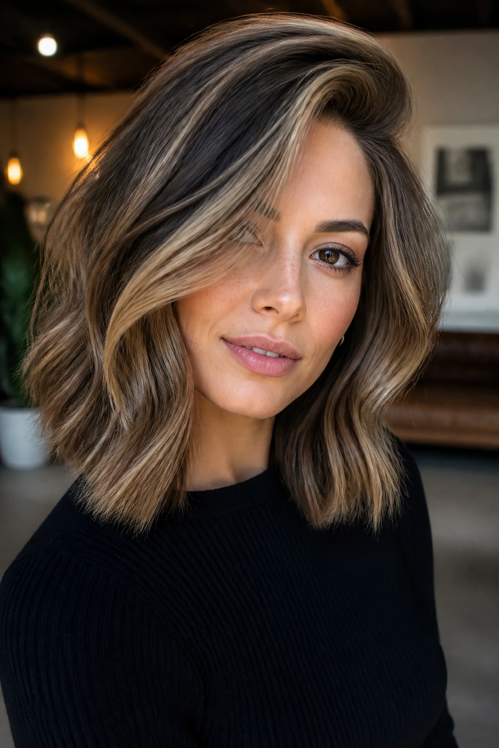 Woman with deep side-part lob and mocha lowlights.