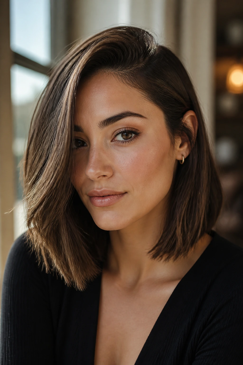 Portrait of a real woman with a deep side-part lob against olive skin.
