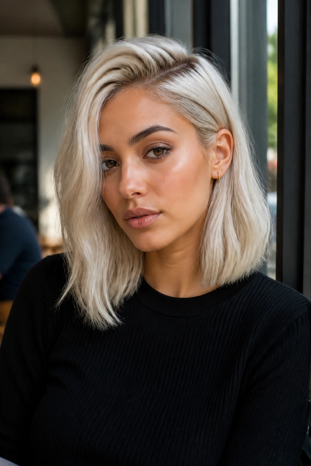 Close-up portrait of person with deep side part lob on olive skin