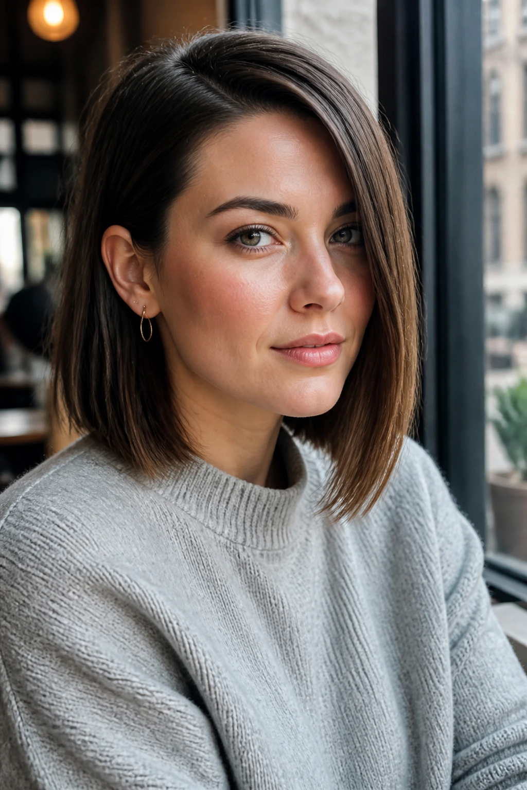 Close-up portrait of a real woman with a deep side part and side-tucked hair
