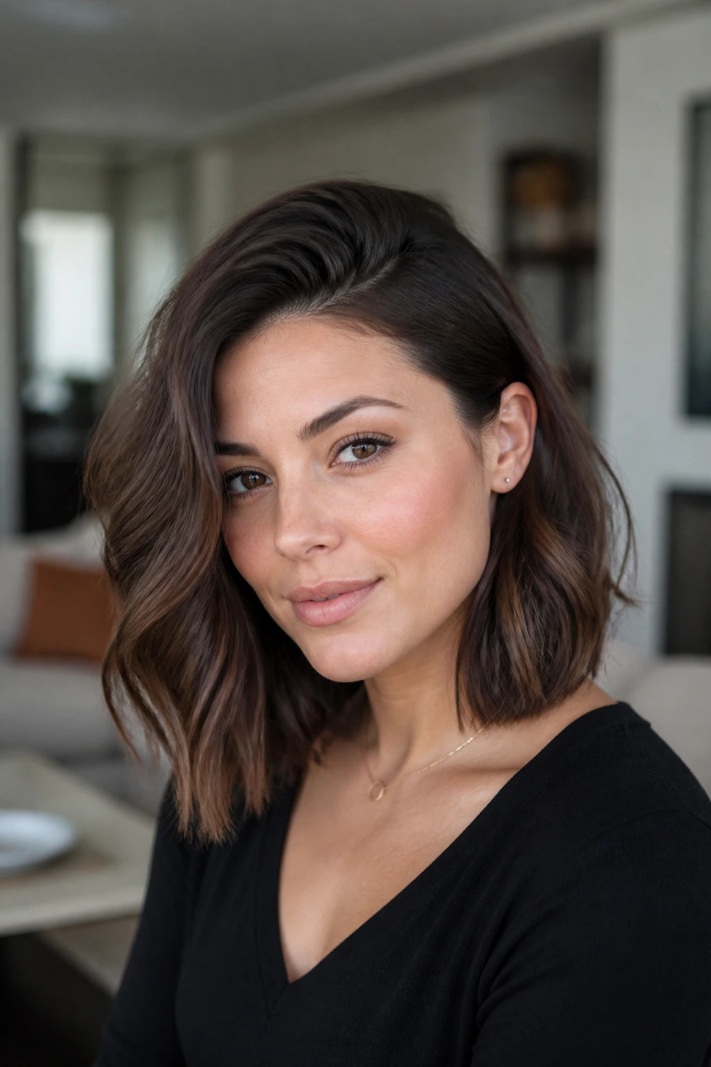 Deep side-part lob with root lift on real woman