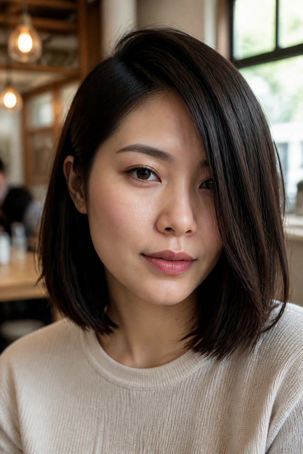 Close-up portrait of a real woman with a deep side-part lob in a cafe setting.