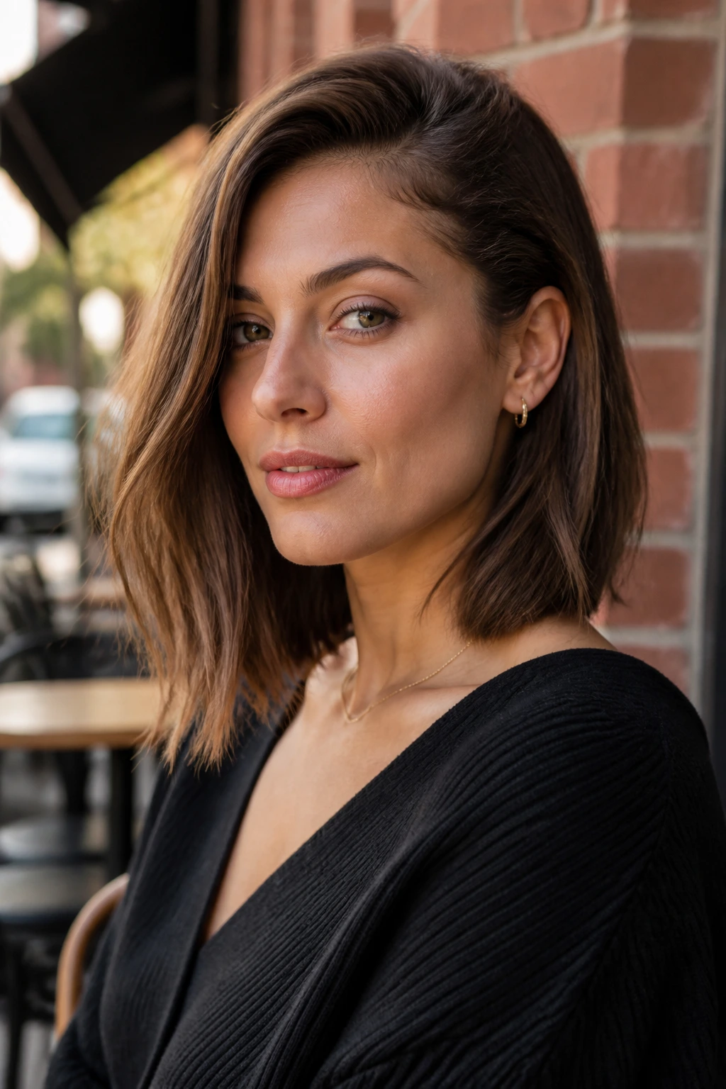 Medium-close portrait of a real woman with deep side-part lob tucked behind ear