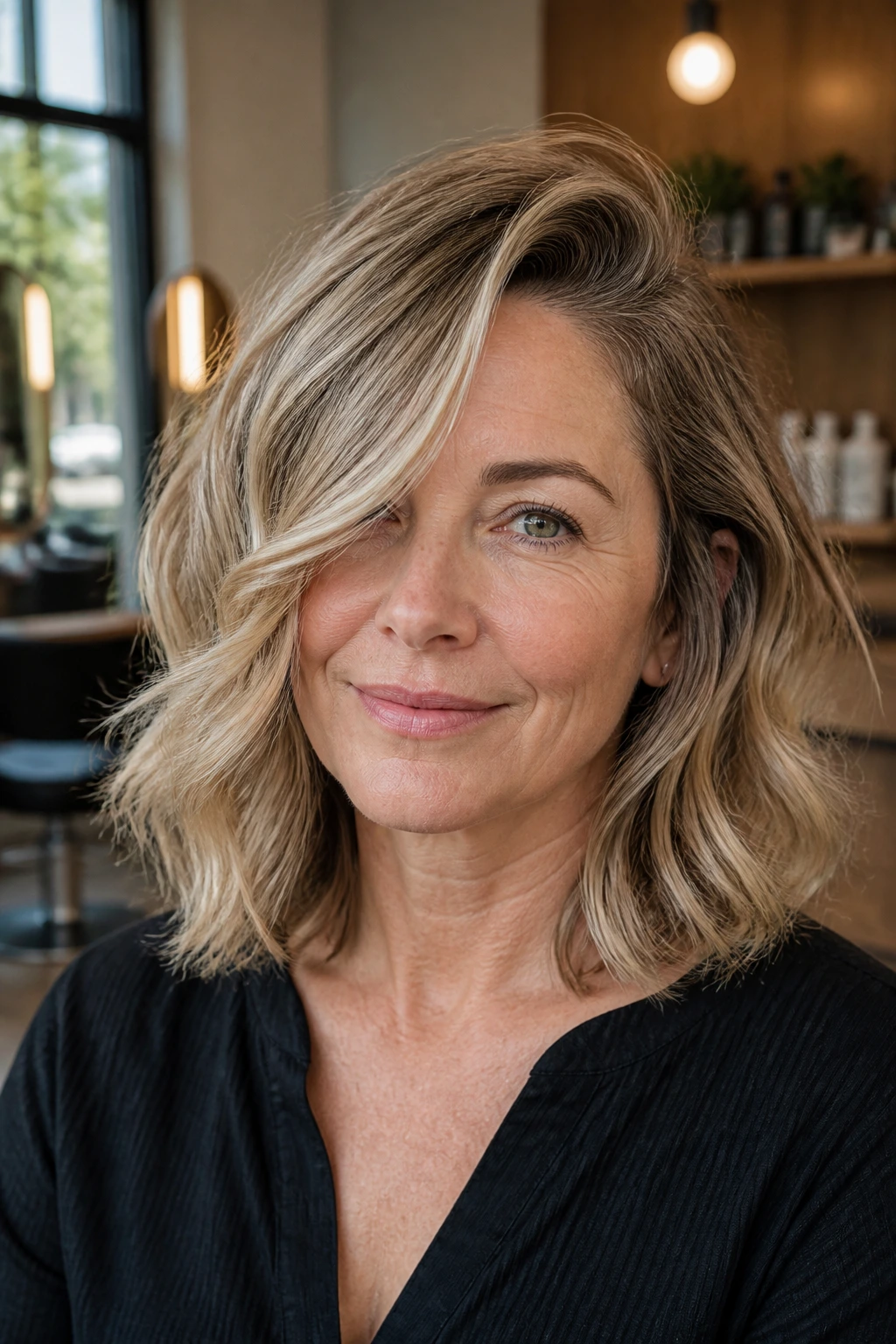 Close-up portrait of a real woman with a deep side-part lob in a salon setting.