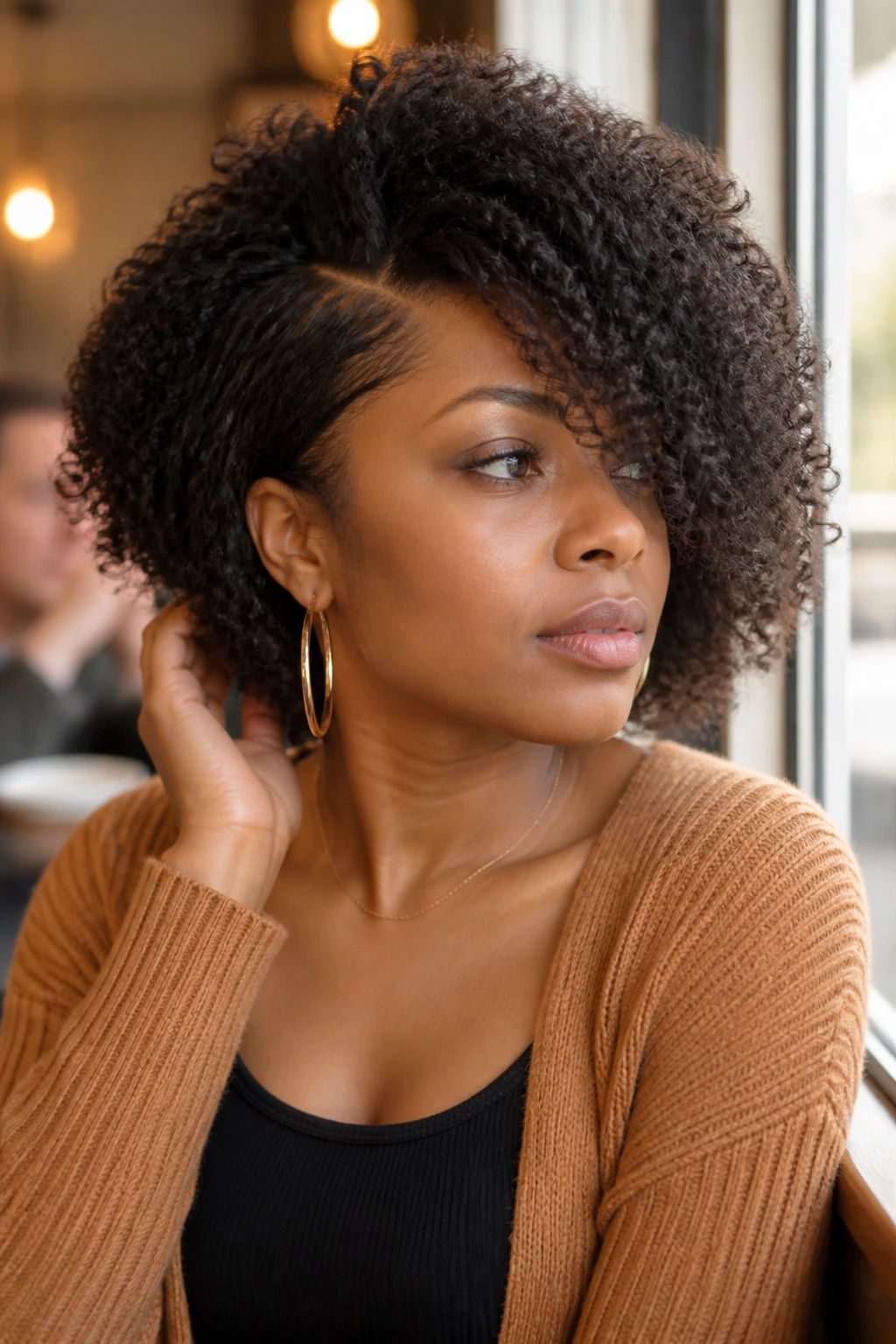 Close-up of a real person with a deep side part and long bangs in a cafe window setting