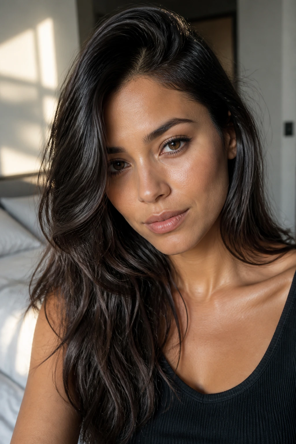 Portrait of real person with deep side-part and long layers sweeping over cheekbone in warm window light