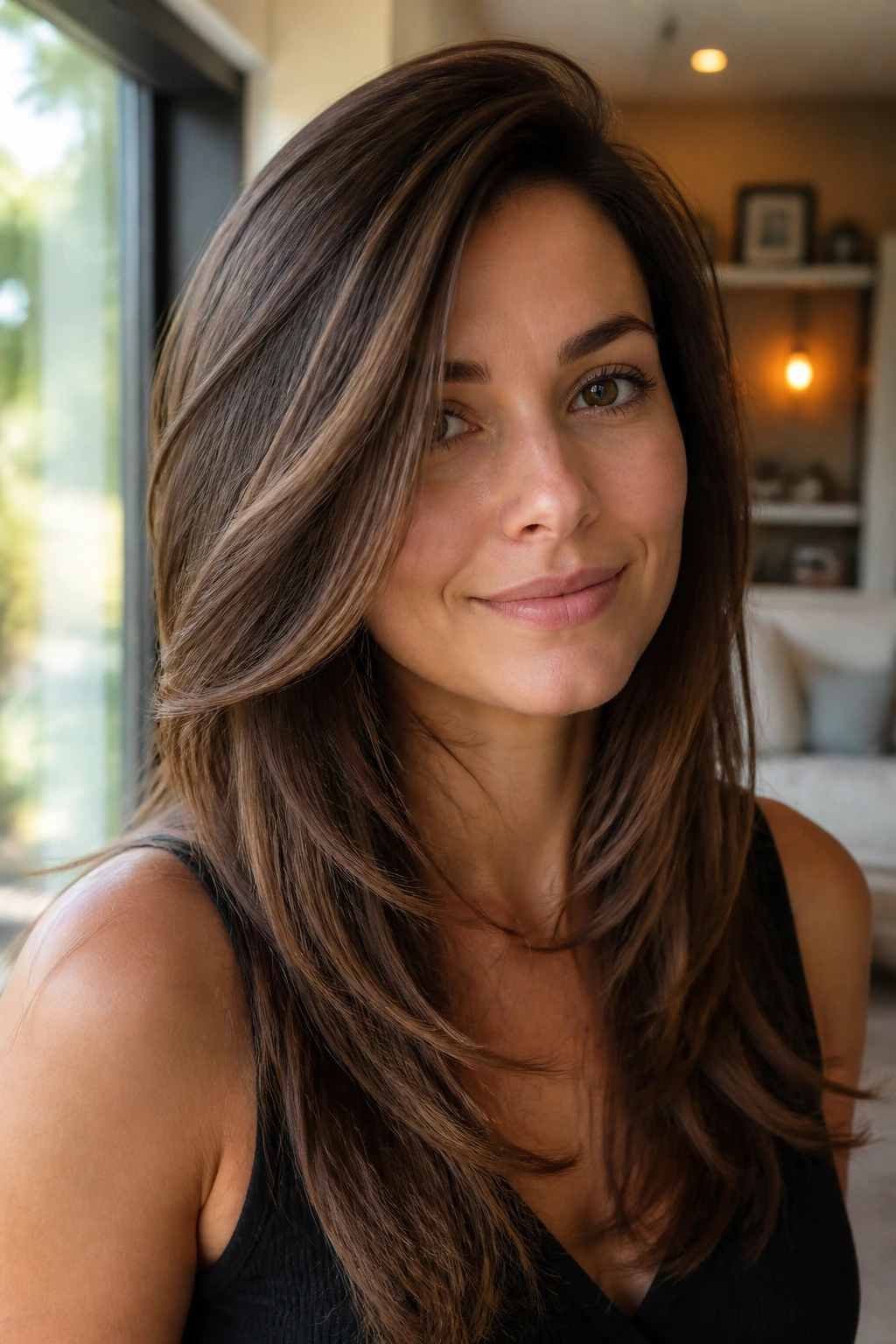 Real woman with deep side-part and long layered hair